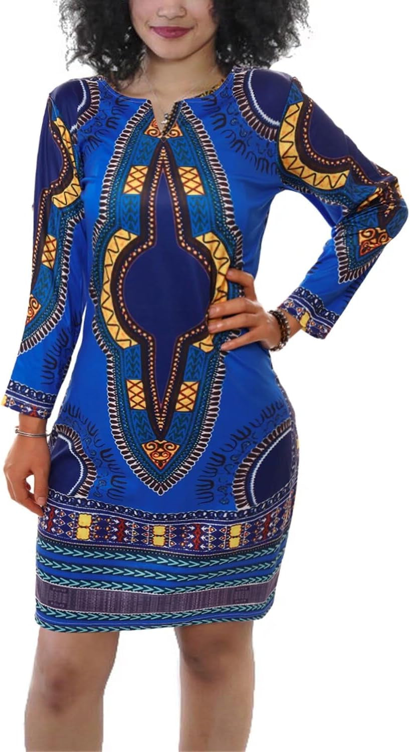 Royal Blue African Dresses for Women Long Sleeve Floral Print Bodycon Midi Church Club Dress S