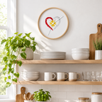 Heart clock in a bright kitchen with shelves