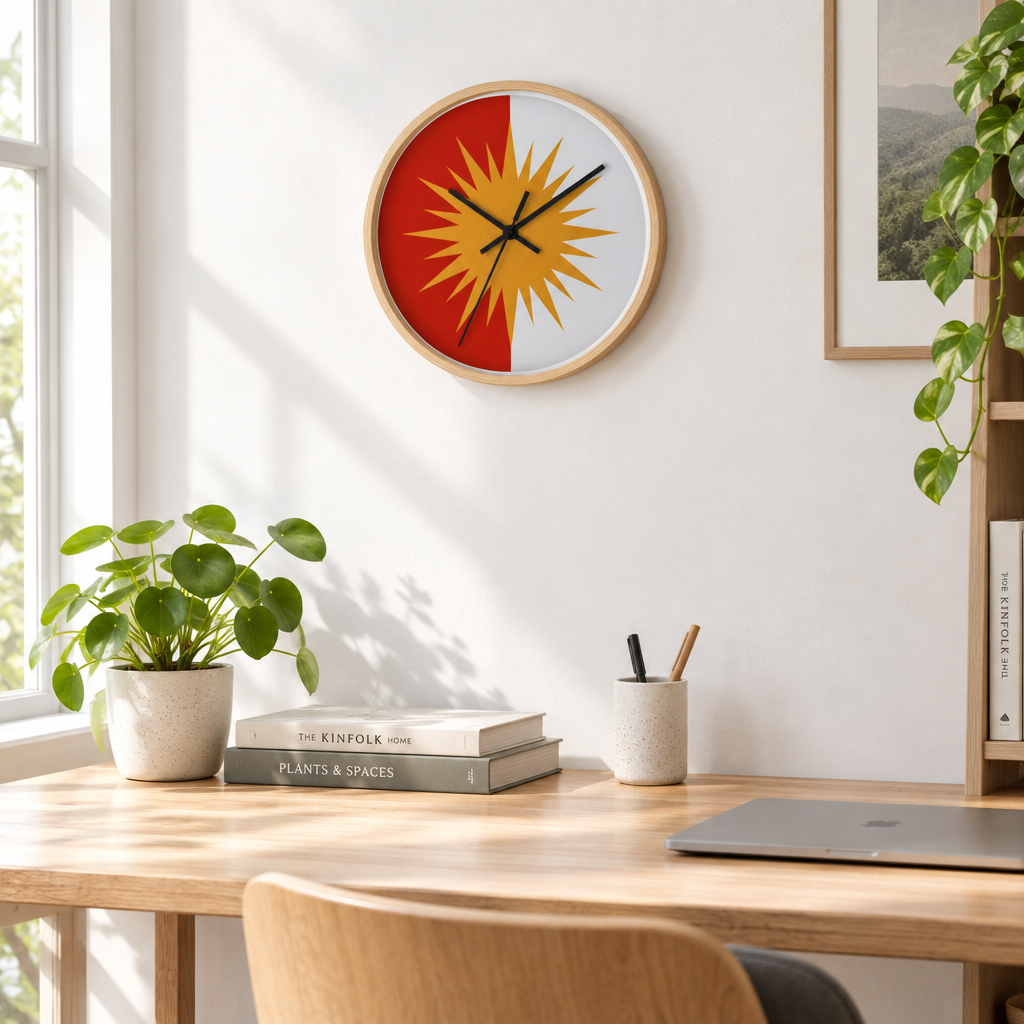 Sunburst clock in a sunlit home office